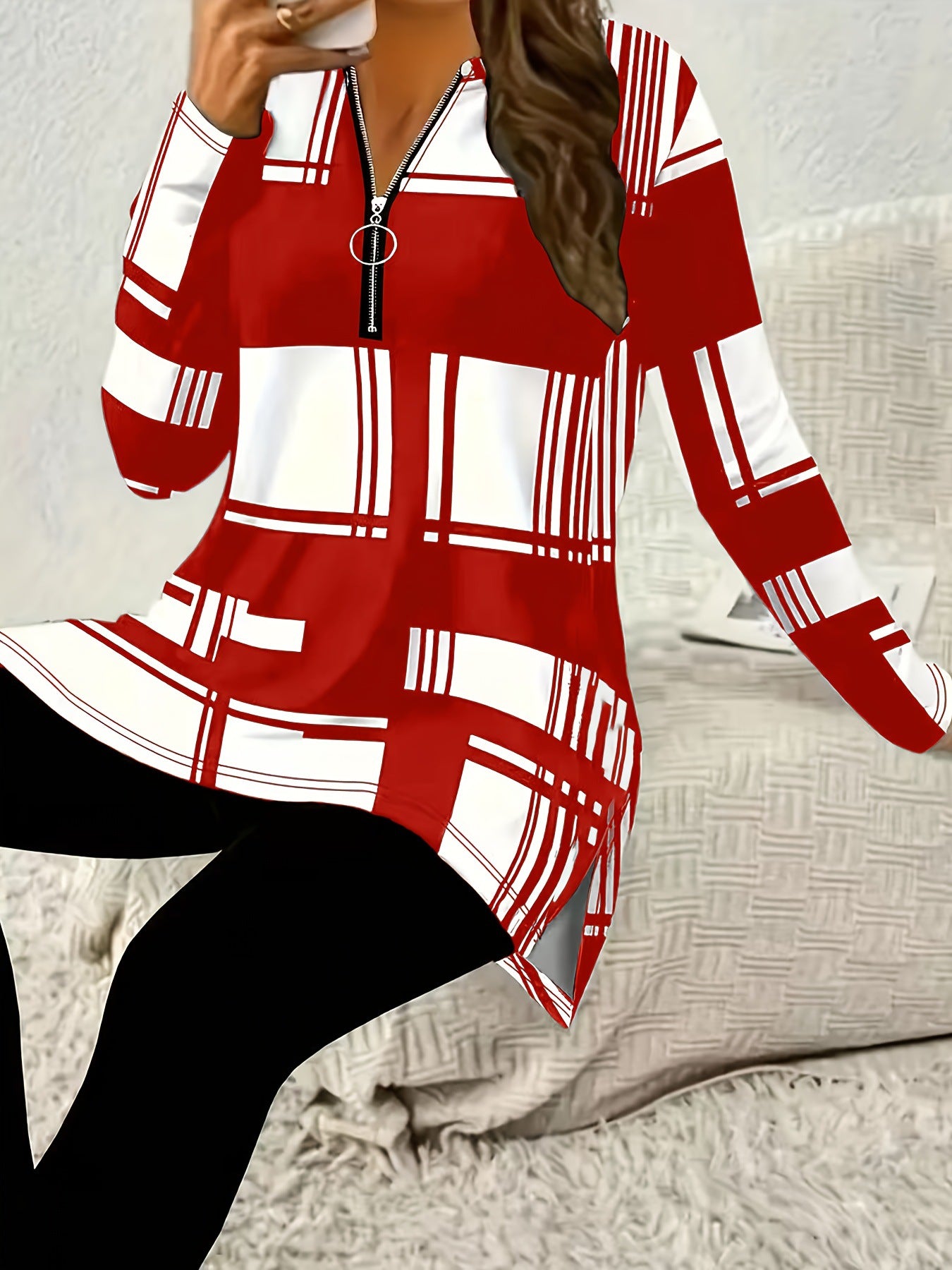Women's Elegant Color Block Long Sleeve Zipper Shirt Digital Large Size T-shirt
