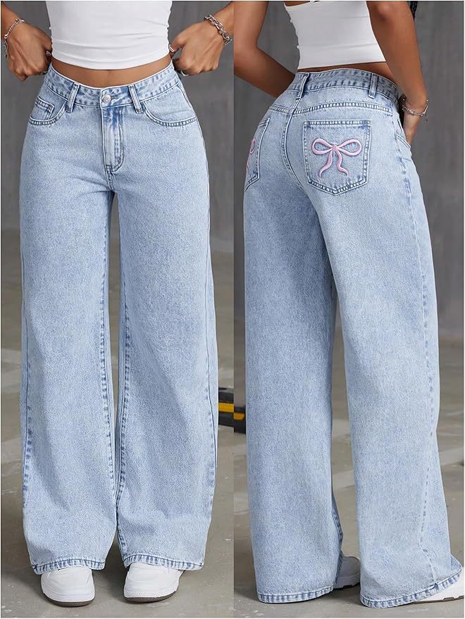 Women's Embroidered High Waist Straight Loose Trousers Women's Jeans