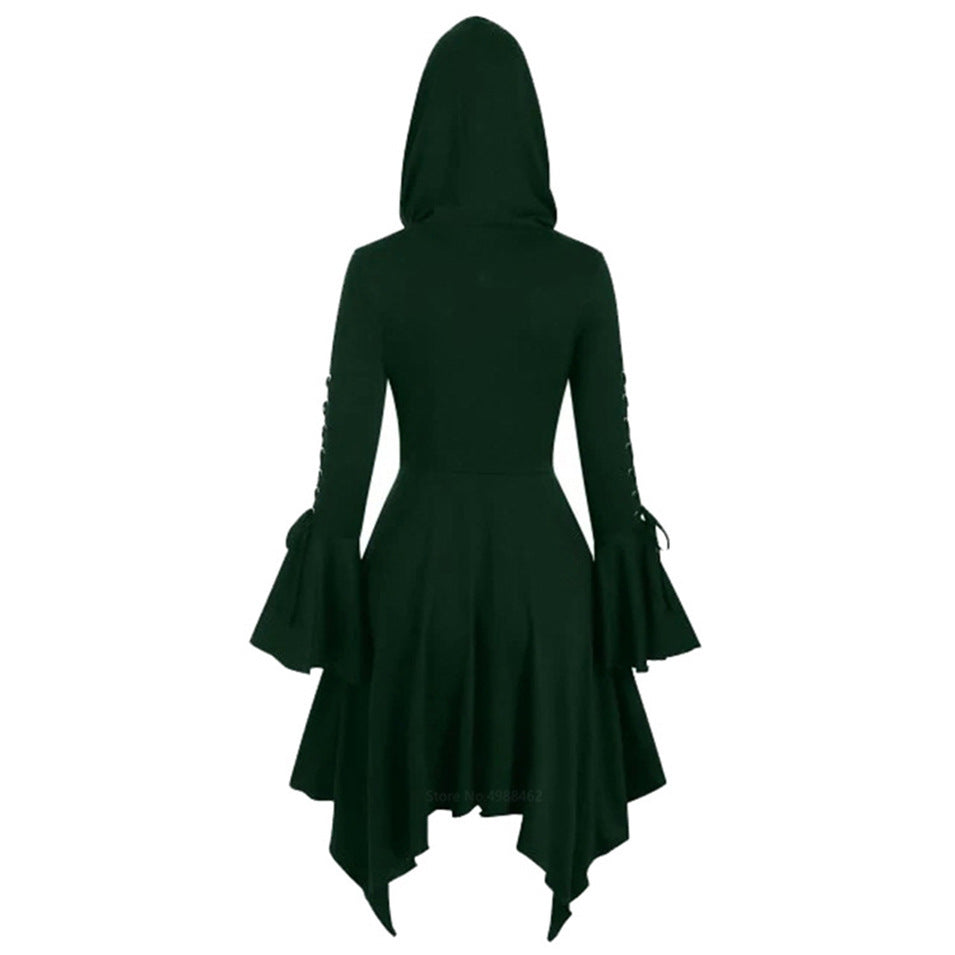 Women's Gothic Hooded Cape Irregular Hem Lotus Skirt