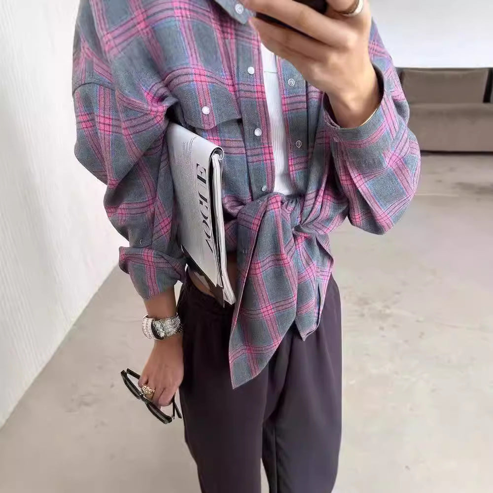 Women's Style Lapel Loose Shirt Plaid Long Sleeve Blouse
