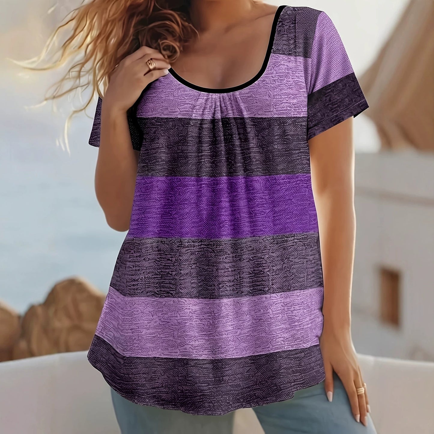 Women's Front Chest Pleated Elegant Sleeve Color Large Size T-shirt