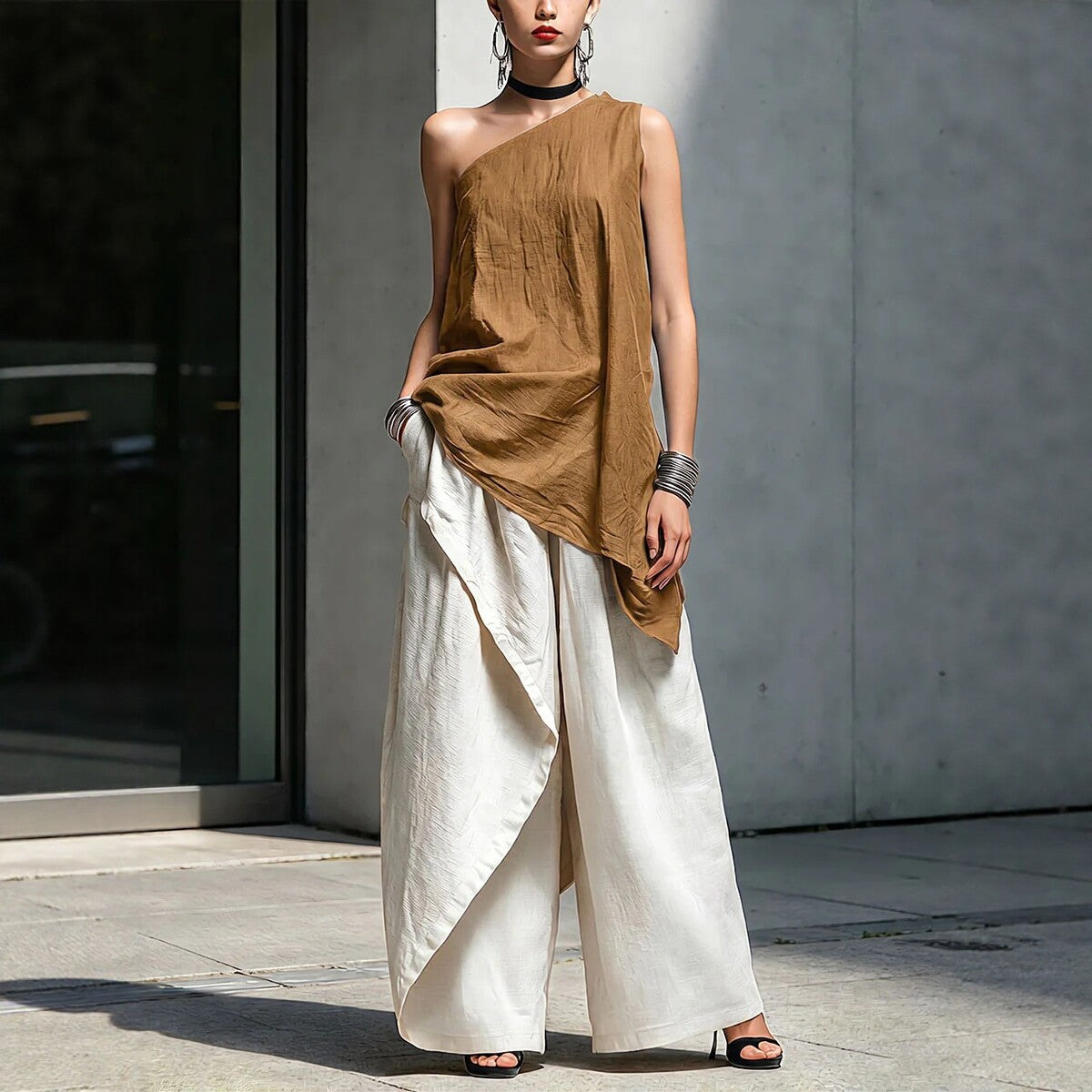 Women's Asymmetric Shoulder Cotton Linen Loose Leisure Tops