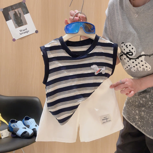 Children's Striped Vest Two-piece Set Cartoon Patch Puppy Boys Children's Suit