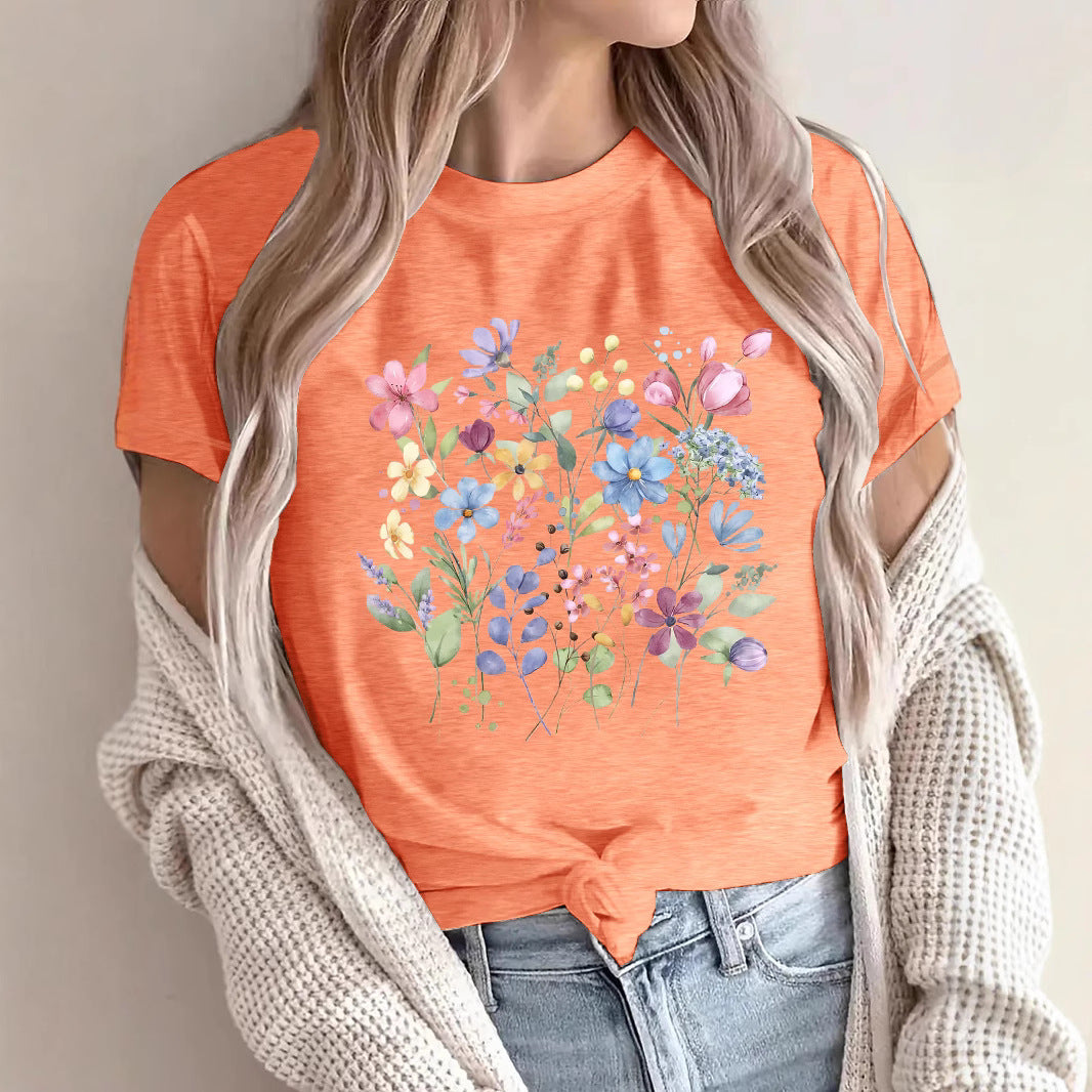 Women's Short-sleeved Floral Printed Summer Cotton Women's T-shirt