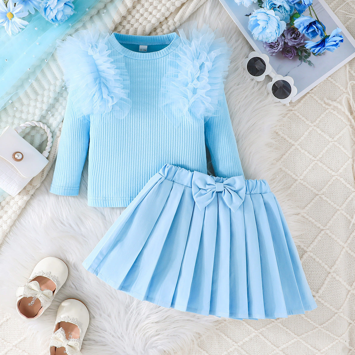 Sweet Multicolor Mesh Sleeves Top Bow Children's Suit