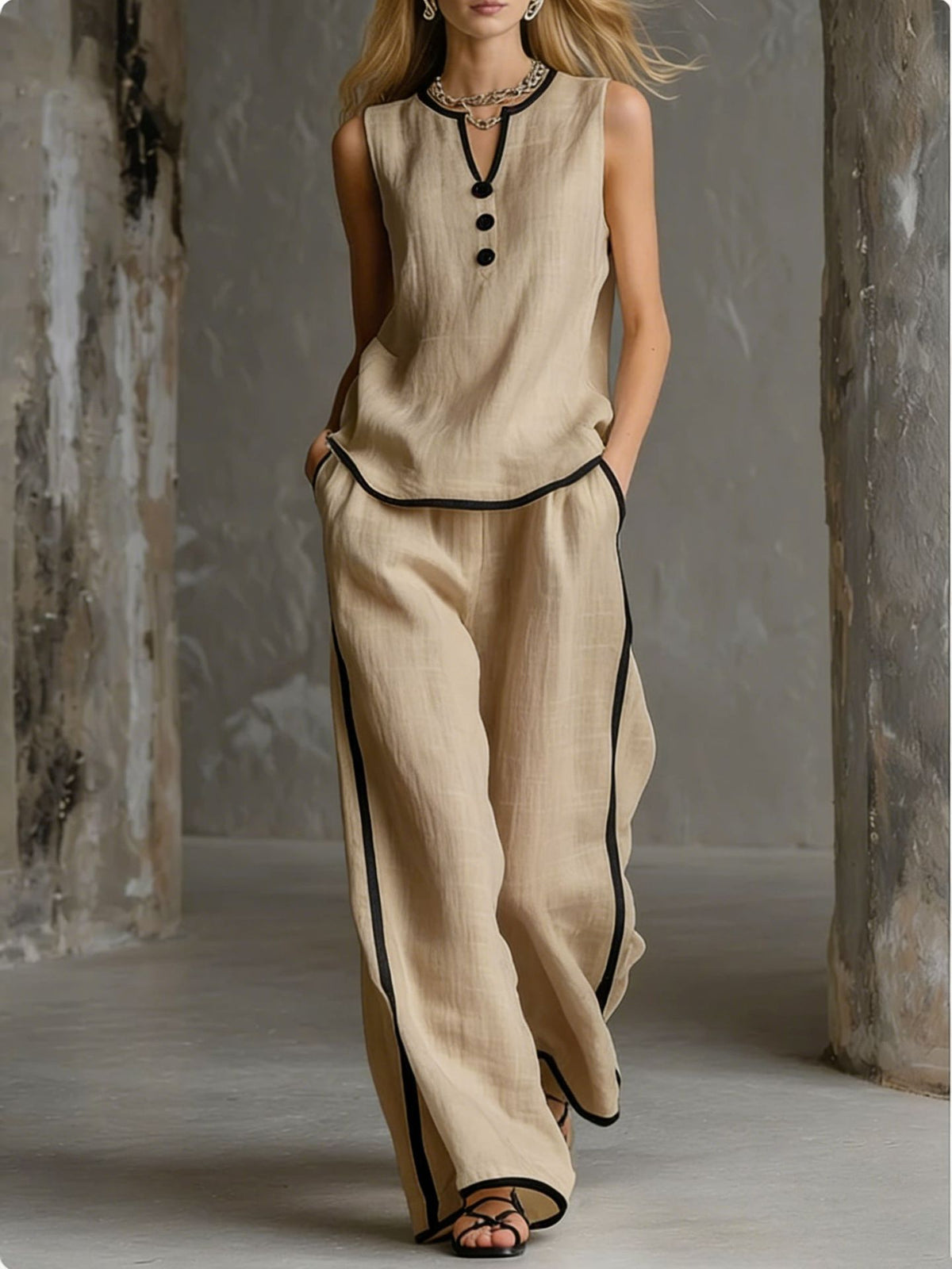 Color Trim Sleeveless Wide Leg Two-piece Pants