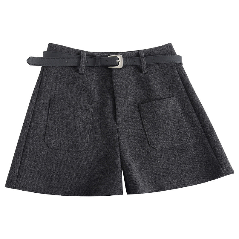 Women's Gray Woolen Thick High Waist Slimming Outside Casual Pants