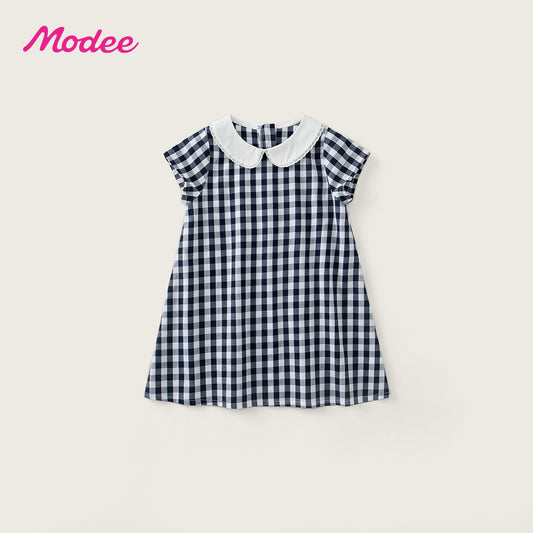 Navy Grid Summer Korean Style Ruffled Short Sleeves Children's Dress