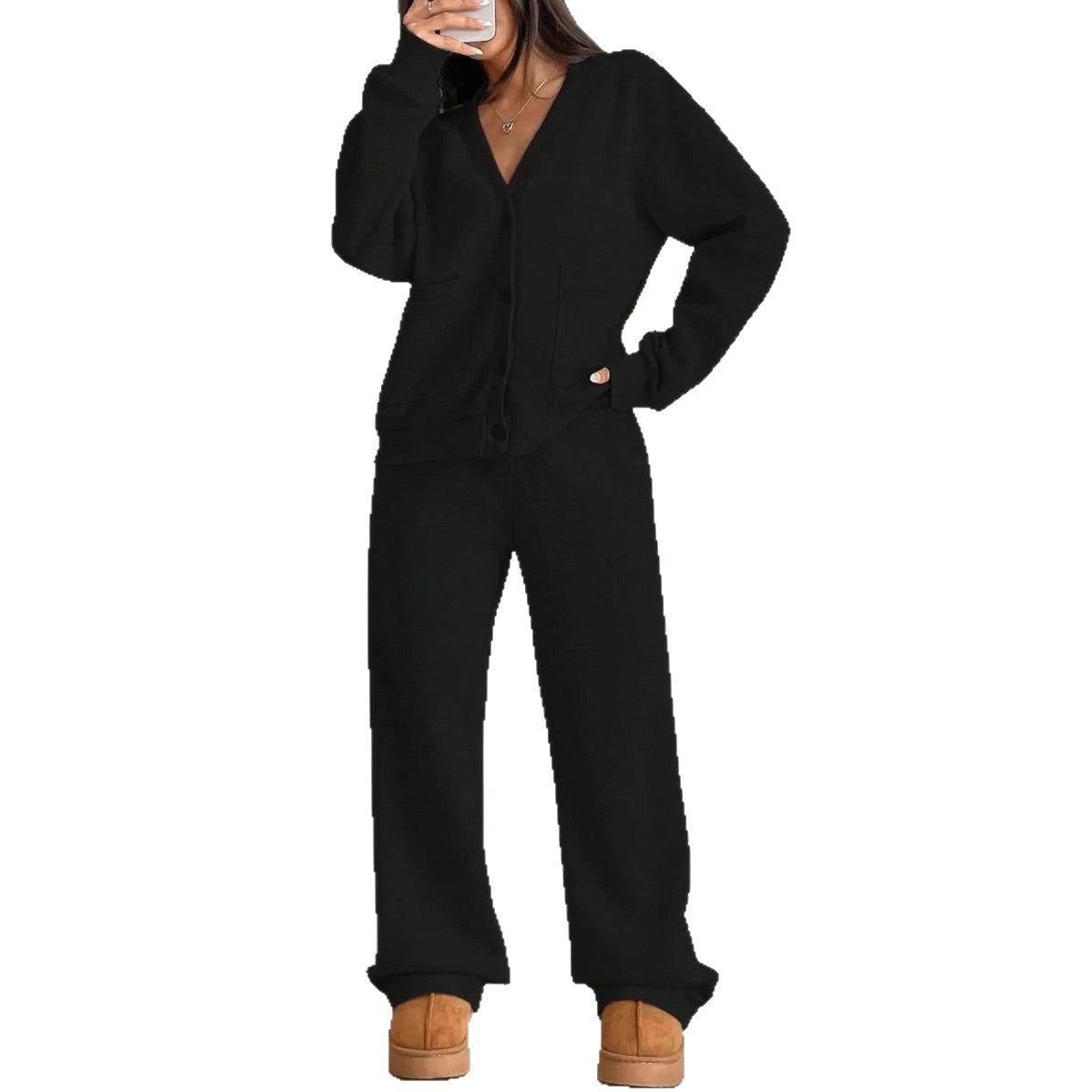 Women's Simple Pocket Sweatshirt Button Solid Color Fashion Casual Suit