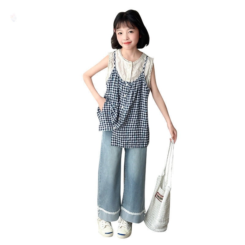 Summer Sweet Plaid Fake Two-piece Top With Jeans Medium Big Children's Suit