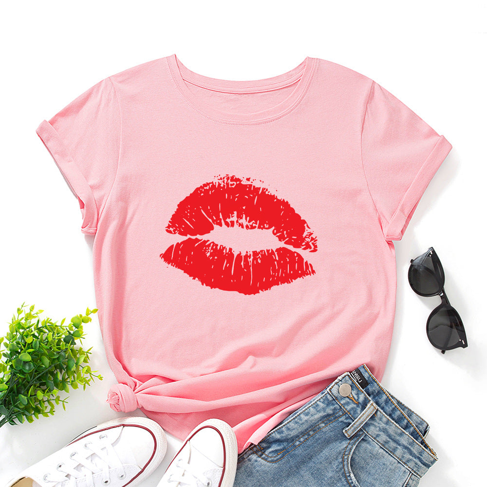 Women's Lip Printings Loose Round Neck Sleeve Women's T-shirt
