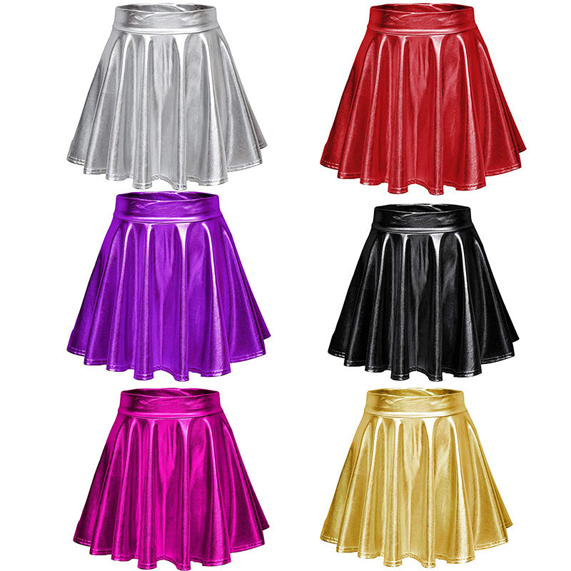 Sexy Performance Stage Leather Glossy Pleated A- Skirt
