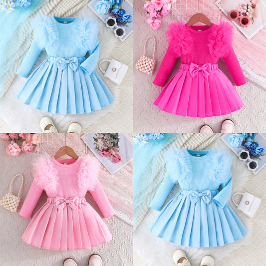 Sweet Multicolor Mesh Sleeves Top Bow Children's Suit