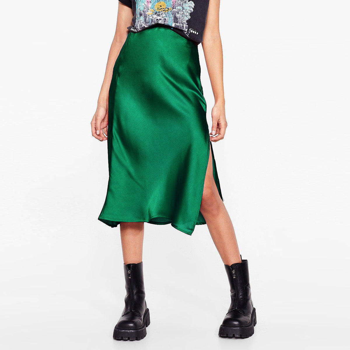 Women's Quality Acetate Satin Elastic Waist Pure Color Skirt