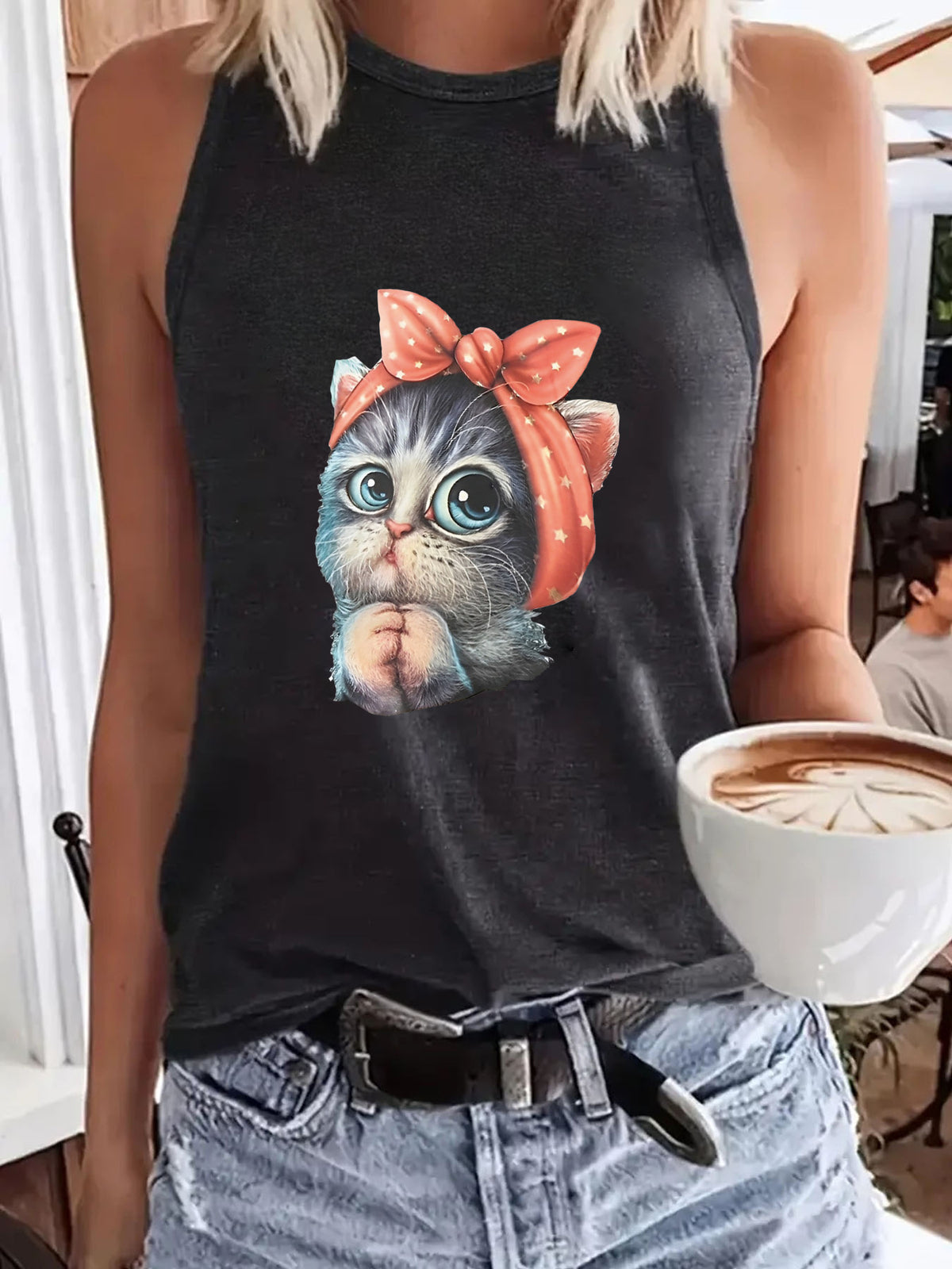 Women's Cat Printing Round Neck Casual Sleeveless Small Vest/suspenders/tube Top