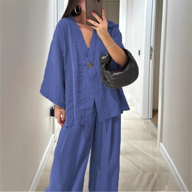 Women's Button Loose Long Sleeve High Waist Fashion Casual Suit