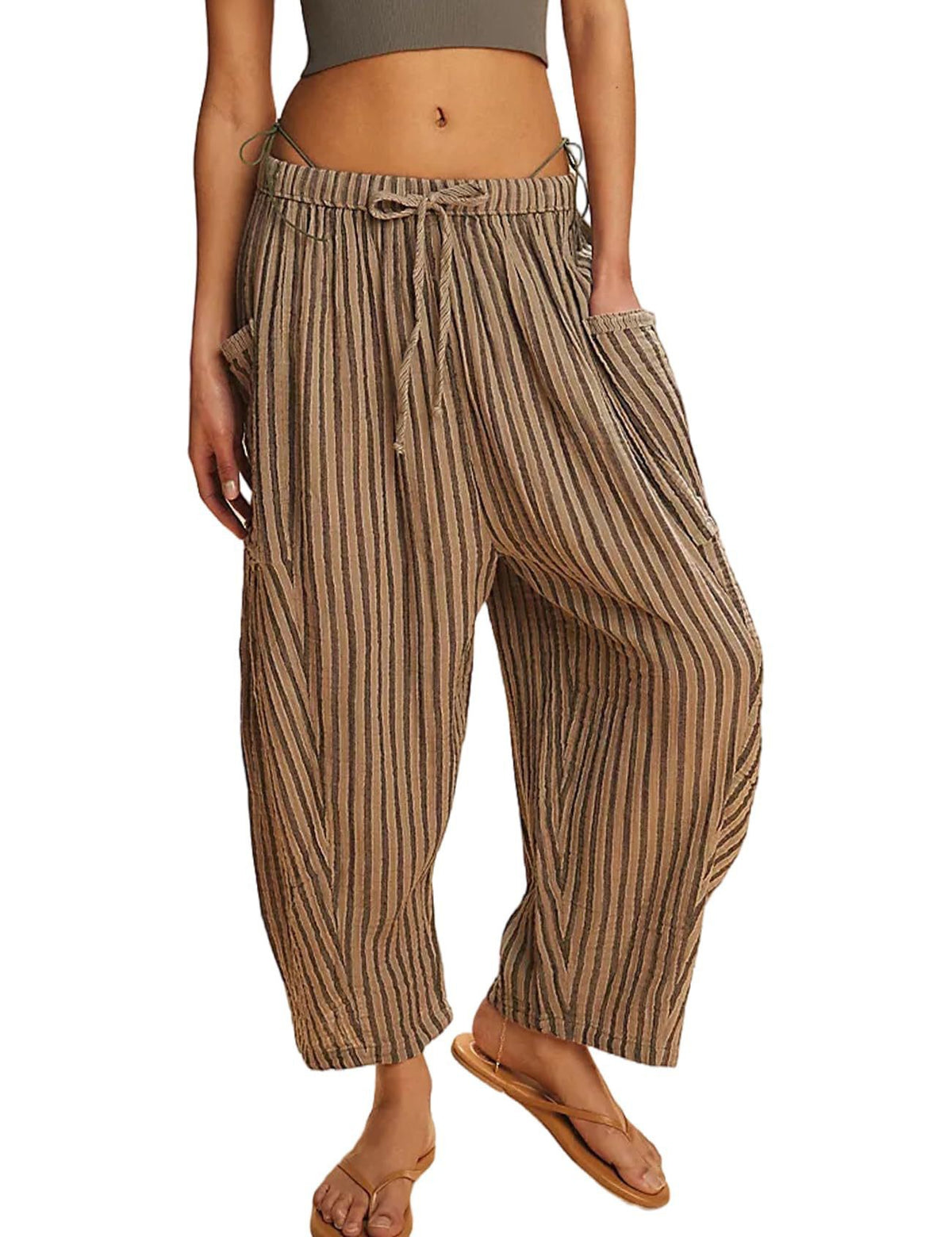 Women's Stripes Elastic Waist Cropped Pleated Breathable Contraction Pants