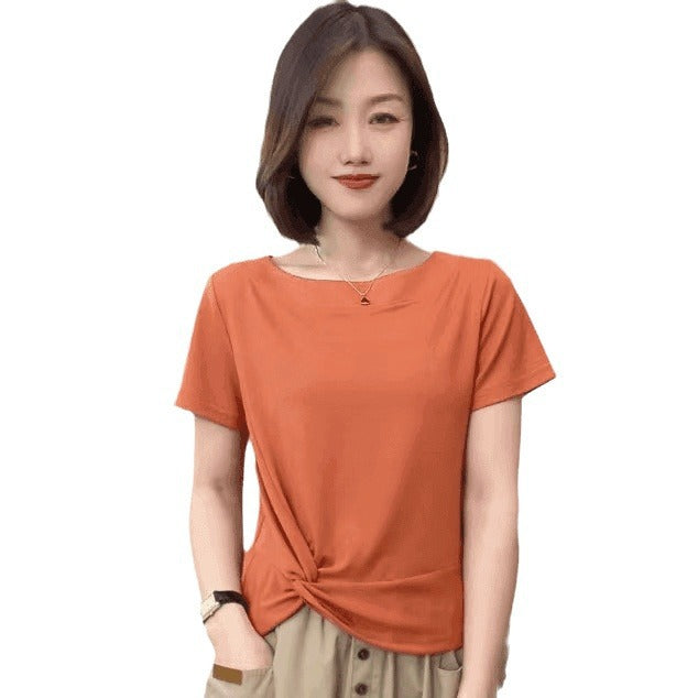 Women's Shirt Sleeve Pleated Solid Color Round Neck Fashion Wear Women's T-shirt