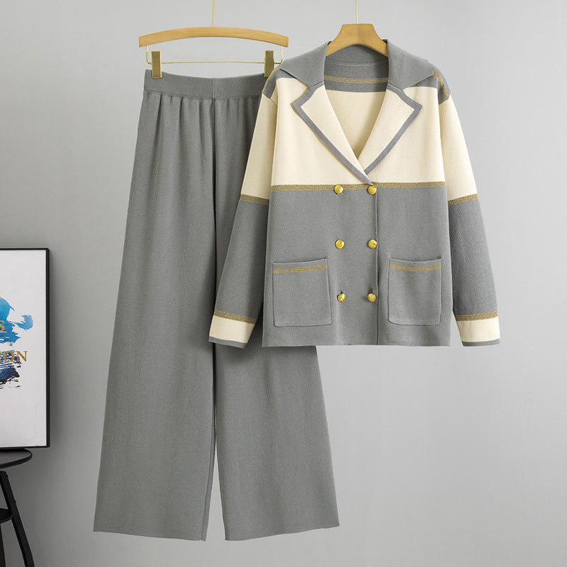 Women's Elegant Collar Double-breasted Knitted Wide Leg Two-piece Fashion Casual Suit
