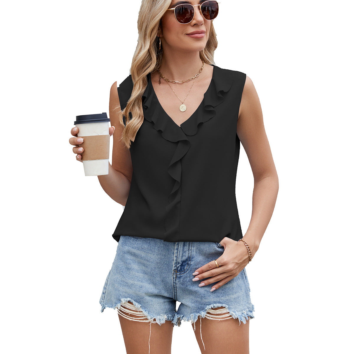 Versatile Charming Women's Sleeveless Ruffled Loose-fitting Lace Shirt, Chiffon Shirt