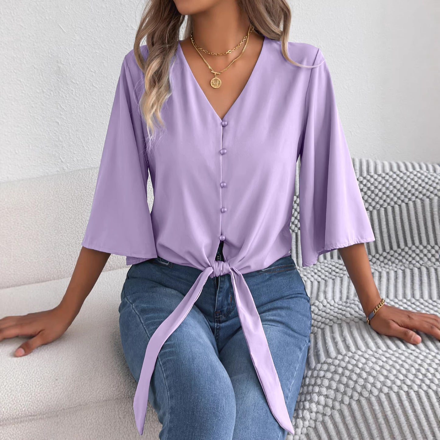 Women's Casual Button Three-quarter Sleeve Knotted Lace Shirt, Chiffon Shirt