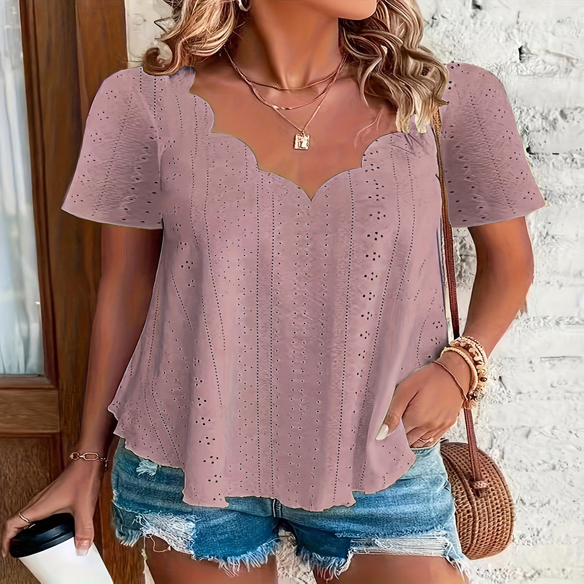 Women's Fashion Summer Casual Solid Color Scallop Women's T-shirt