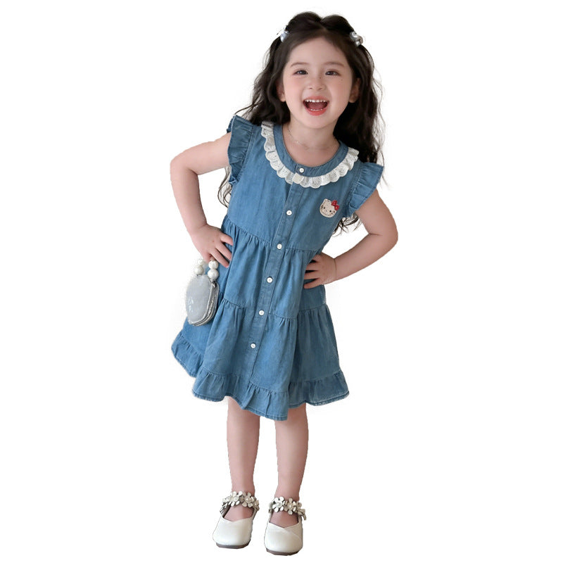 Children's Summer Fashionable Short Sleeve Korean Style Denim Skirt Cute Children's Dress
