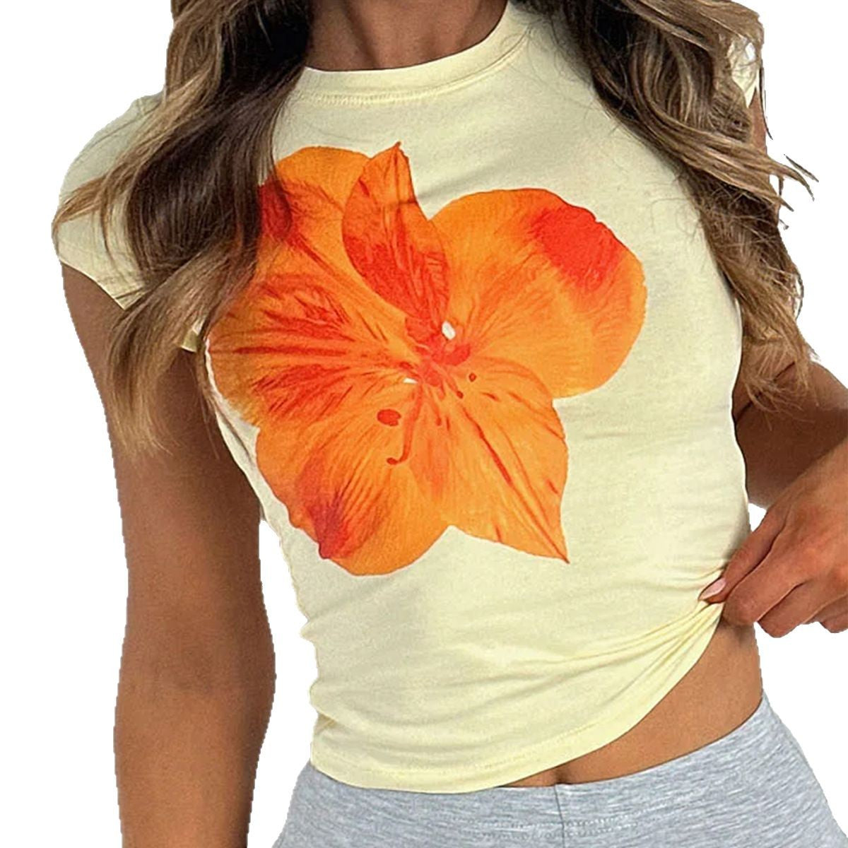 Women's Casual Slim Fit Tight Waist Flower Tops