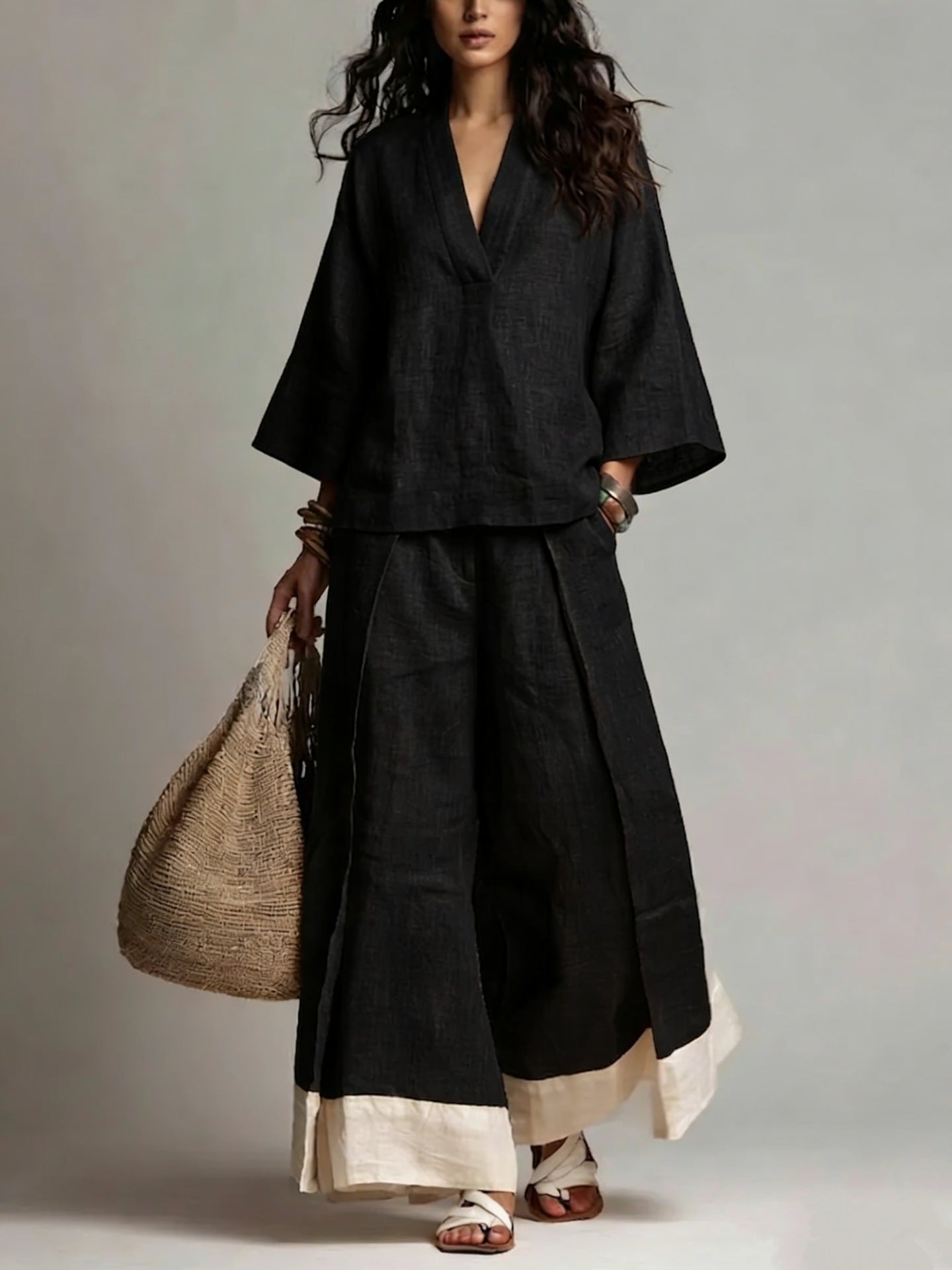 Women's Cotton Linen French Style Three-quarter Sleeve Shirt Contrast Color Suits