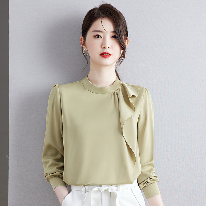 Women's Chic Ruffled Satin Shirt French Style Business Commuter Tops
