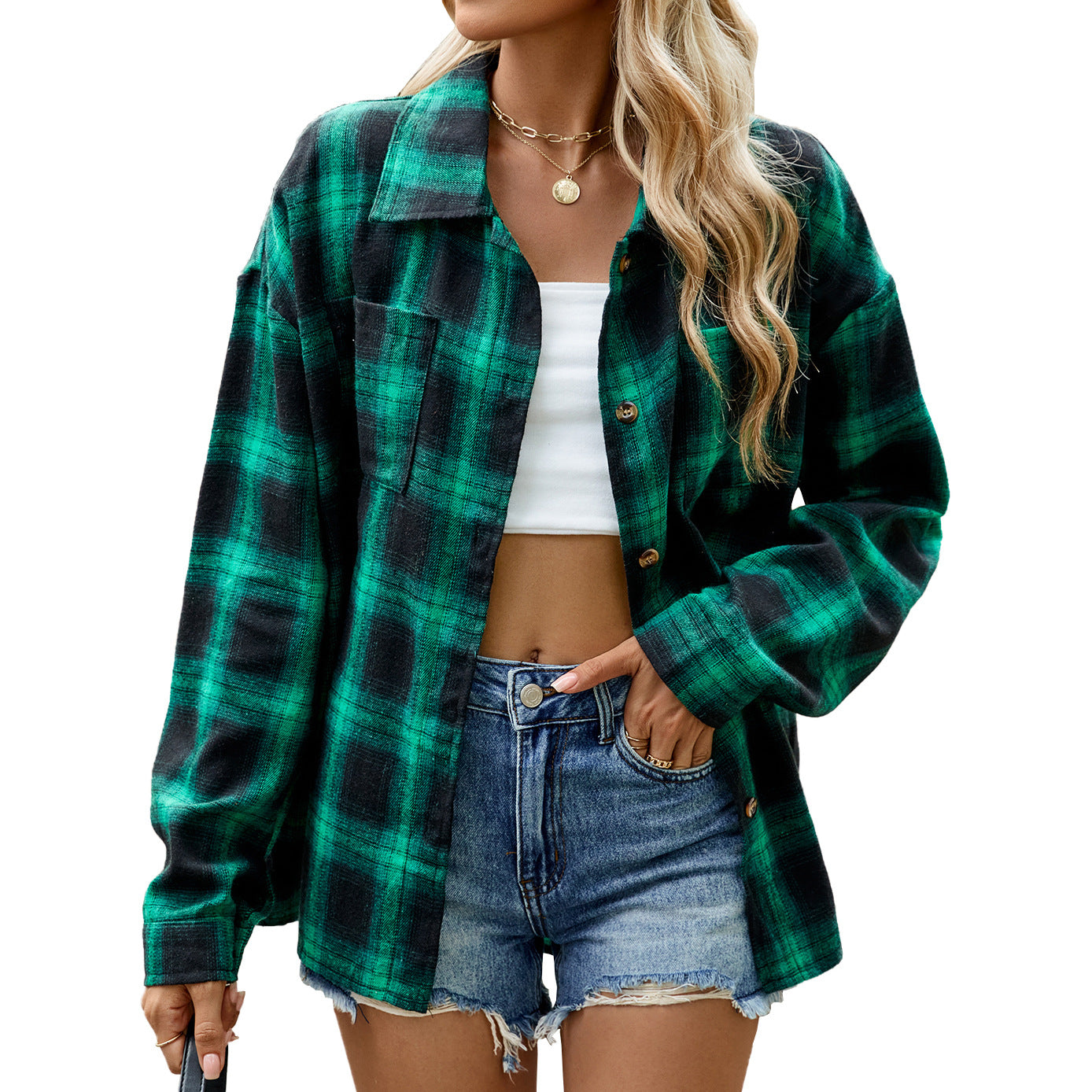 Women's Lapel Long Sleeve Pocket Button Plaid Shirt Tops