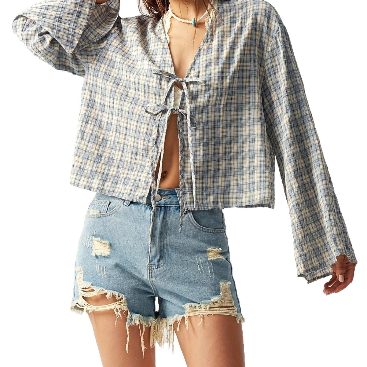 Women's American Retro Plaid Shirt Collar Flared Sleeve Blouse