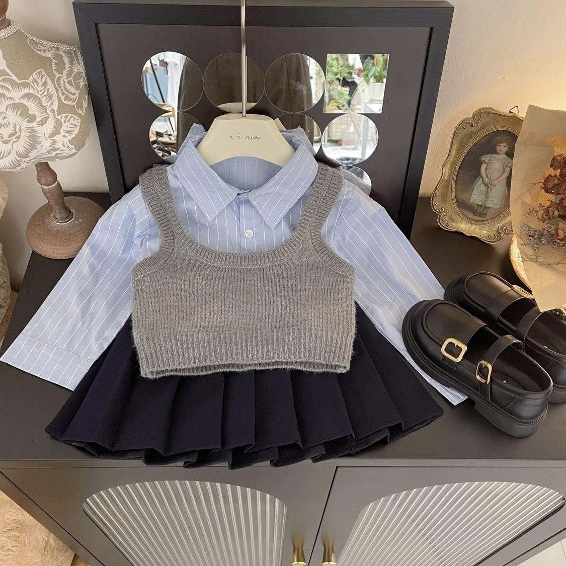 Preppy Style Three-piece Autumn Vest Blue Striped Shirt Pleated Children's Suit