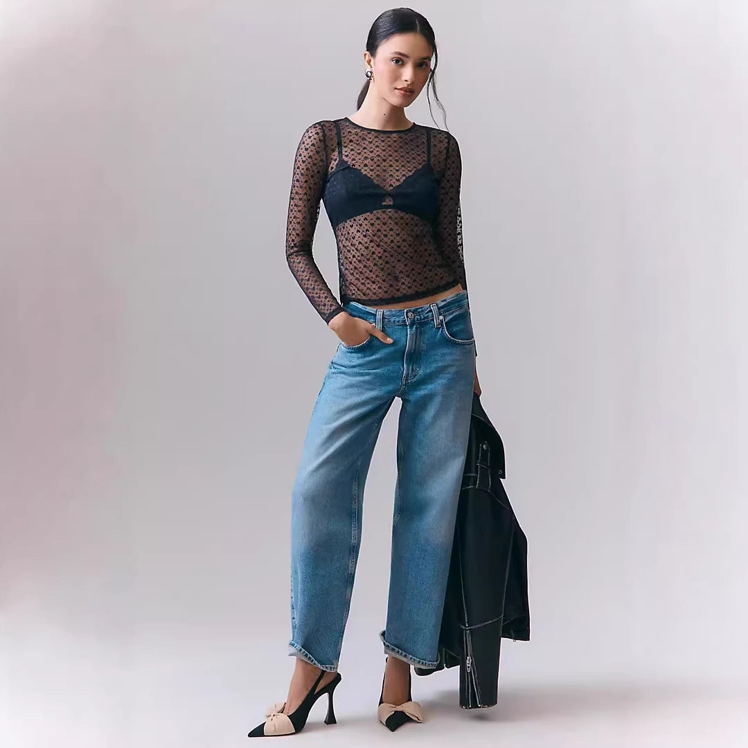 Women's Round Neck Long Sleeve T-shirt Sexy Lace Shirt, Chiffon Shirt