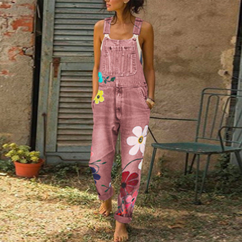 Women's Washed Cotton Polyester Printed Straight Bib Women's Jeans