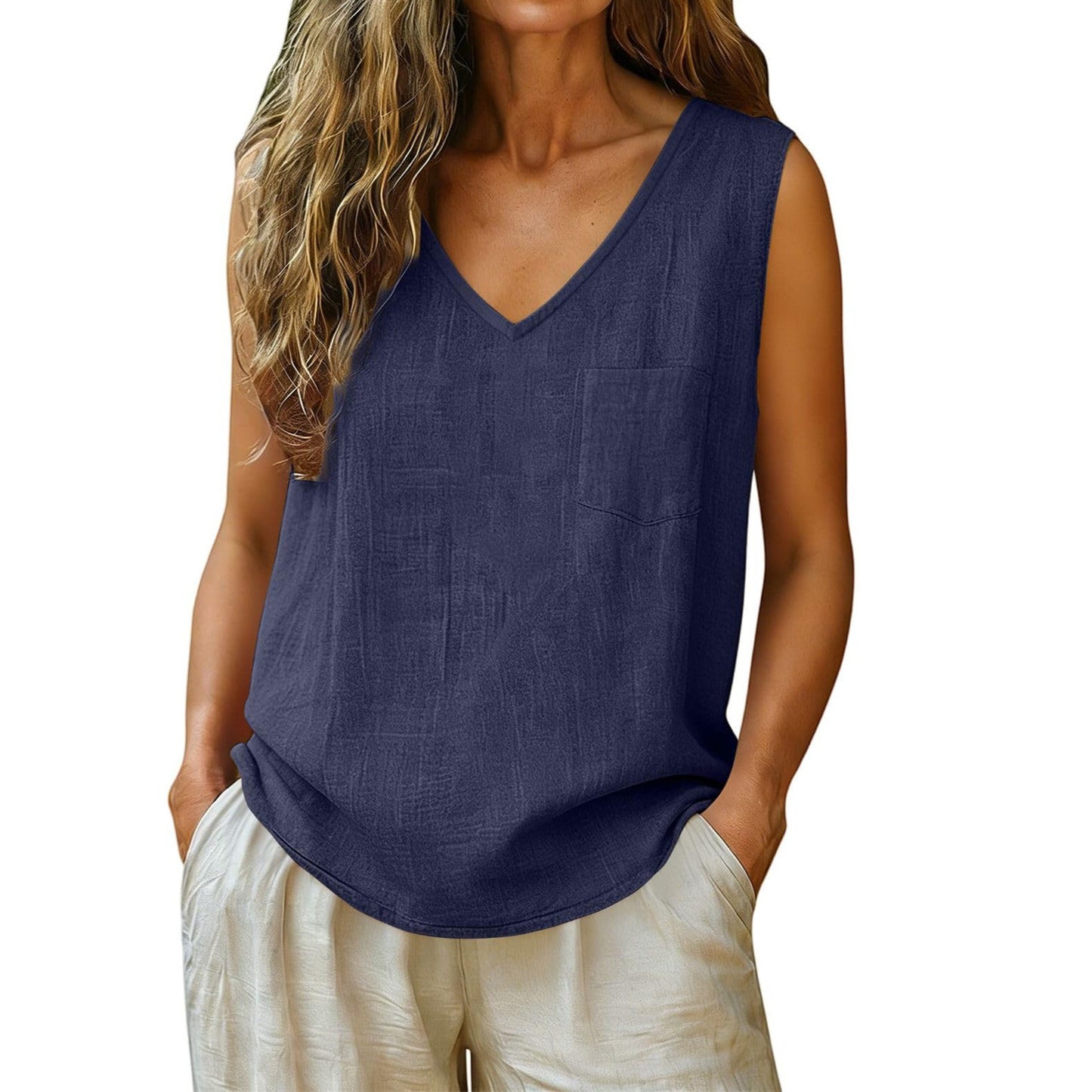 Women's Summer Fashion Casual Pocket Sleeveless Solid Color Cotton Linen Small Vest/suspenders/tube Top