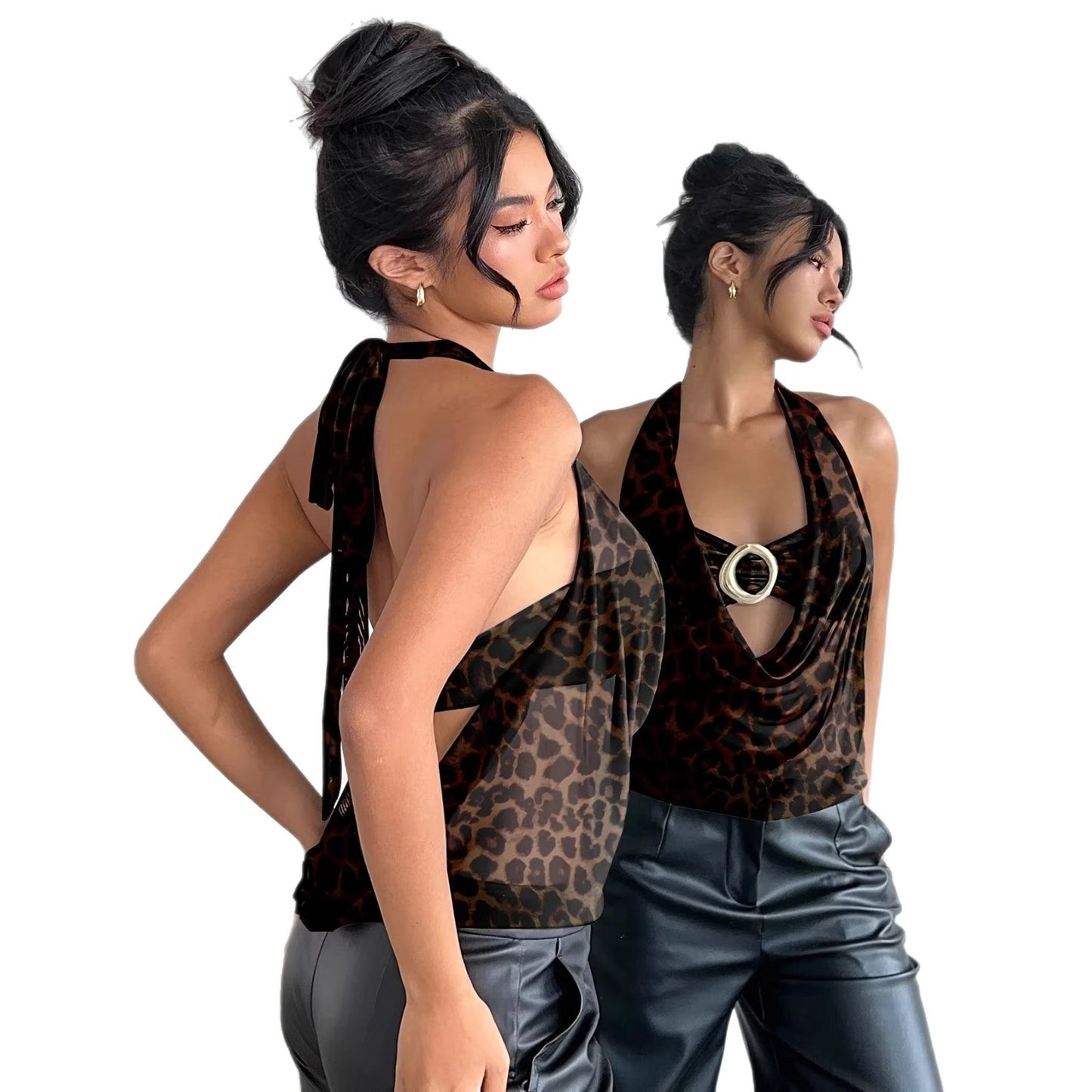 Leopard Print Backless Fashion Sexy Sleeve Casual Small Vest/suspenders/tube Top