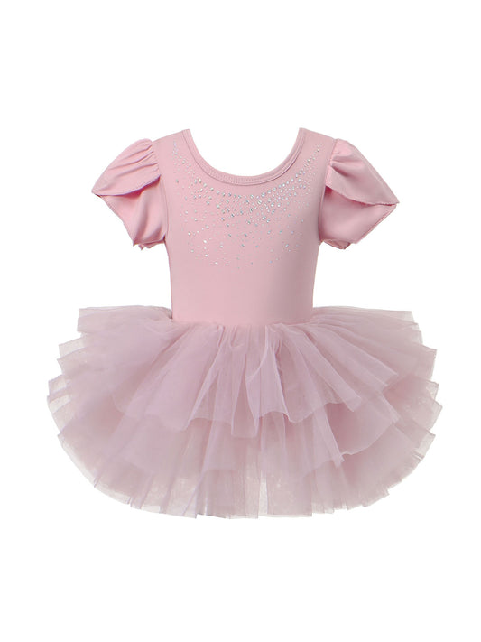 Children's Dance Fungus Short Sleeve Hot Drilling Back Cross Tulle Skirt Children's Dress