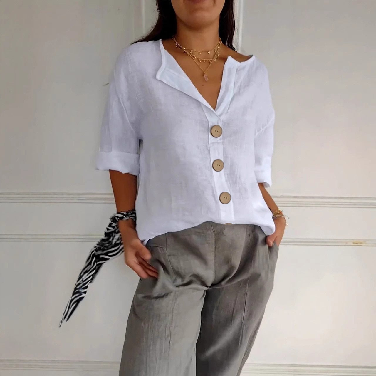 Women's Casual Cotton Linen Solid Color Breasted Plus Size