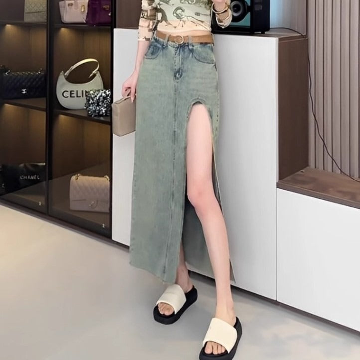Slit Irregular Female Retro Design Denim Skirt