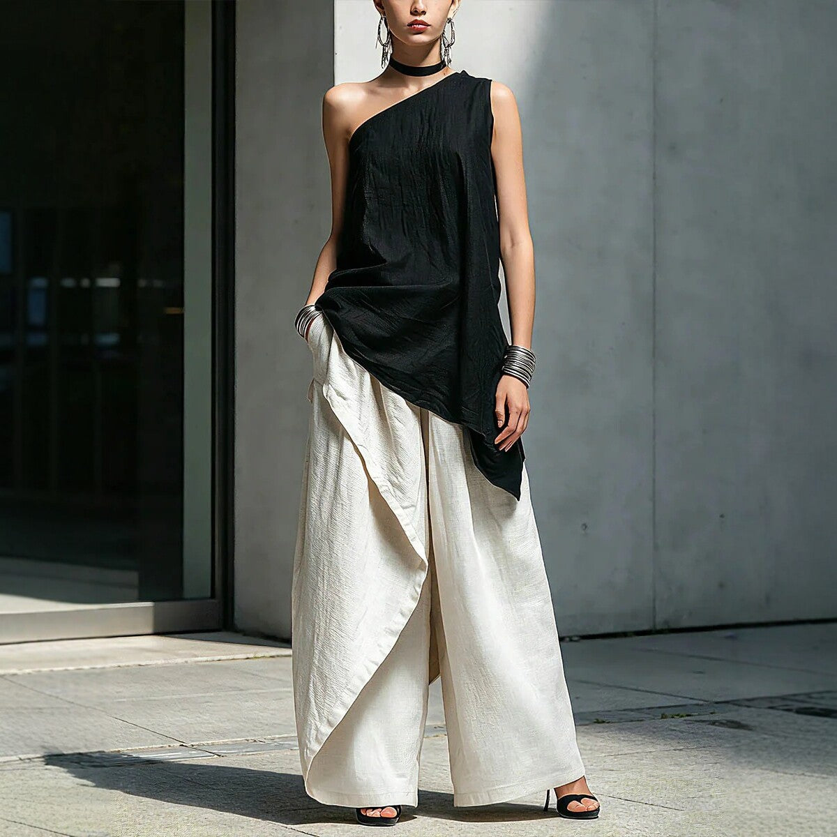 Women's Asymmetric Shoulder Cotton Linen Loose Leisure Tops