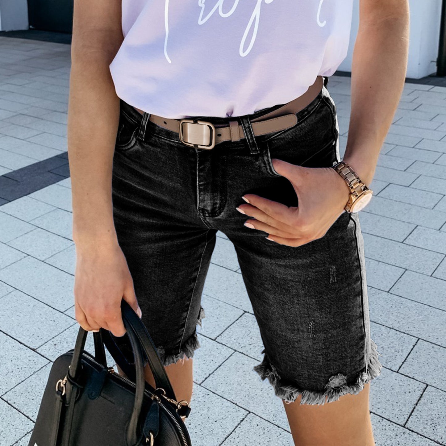 Women's Summer Denim With Hole Fifth Fashionable Frayed Hem Women's Jeans