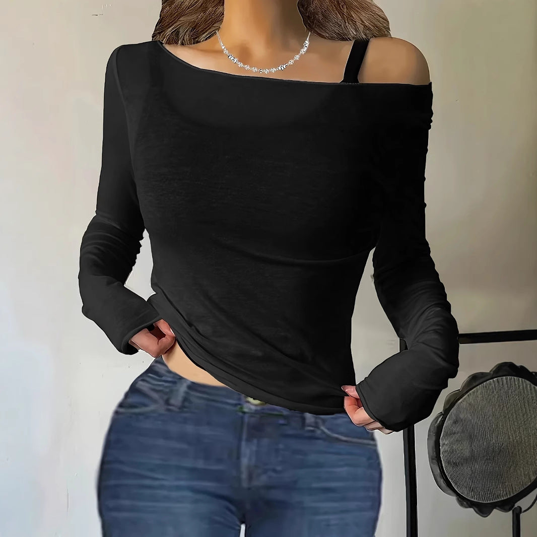 Slant Shoulder Versatile Casual Long Sleeve Sexy Cold-shoulder Blouses