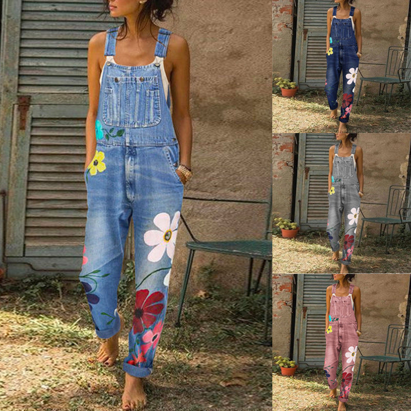 Women's Washed Cotton Polyester Printed Straight Bib Women's Jeans