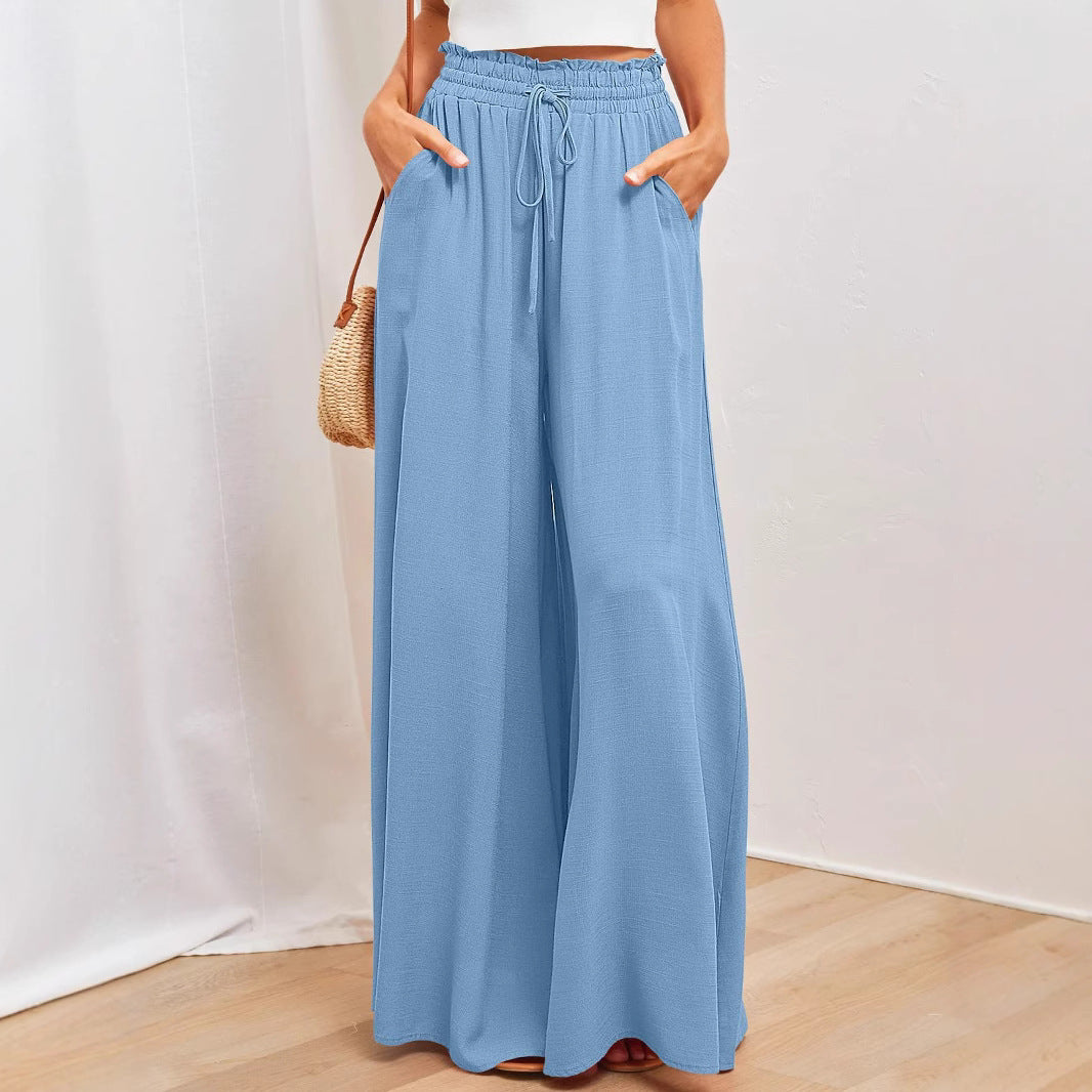 Women's Elastic Waistband Wide Leg High Waist Long Pants