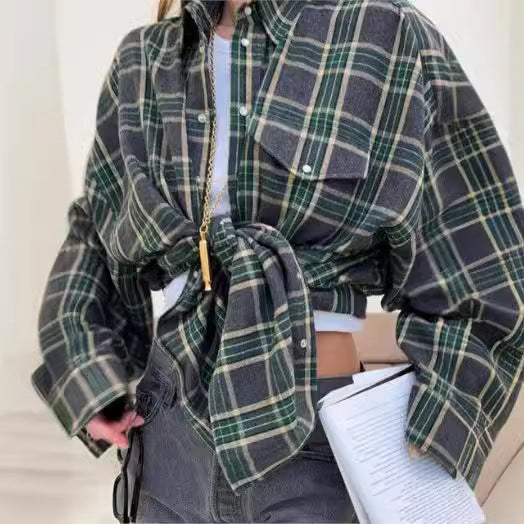Women's Style Lapel Loose Shirt Plaid Long Sleeve Blouse