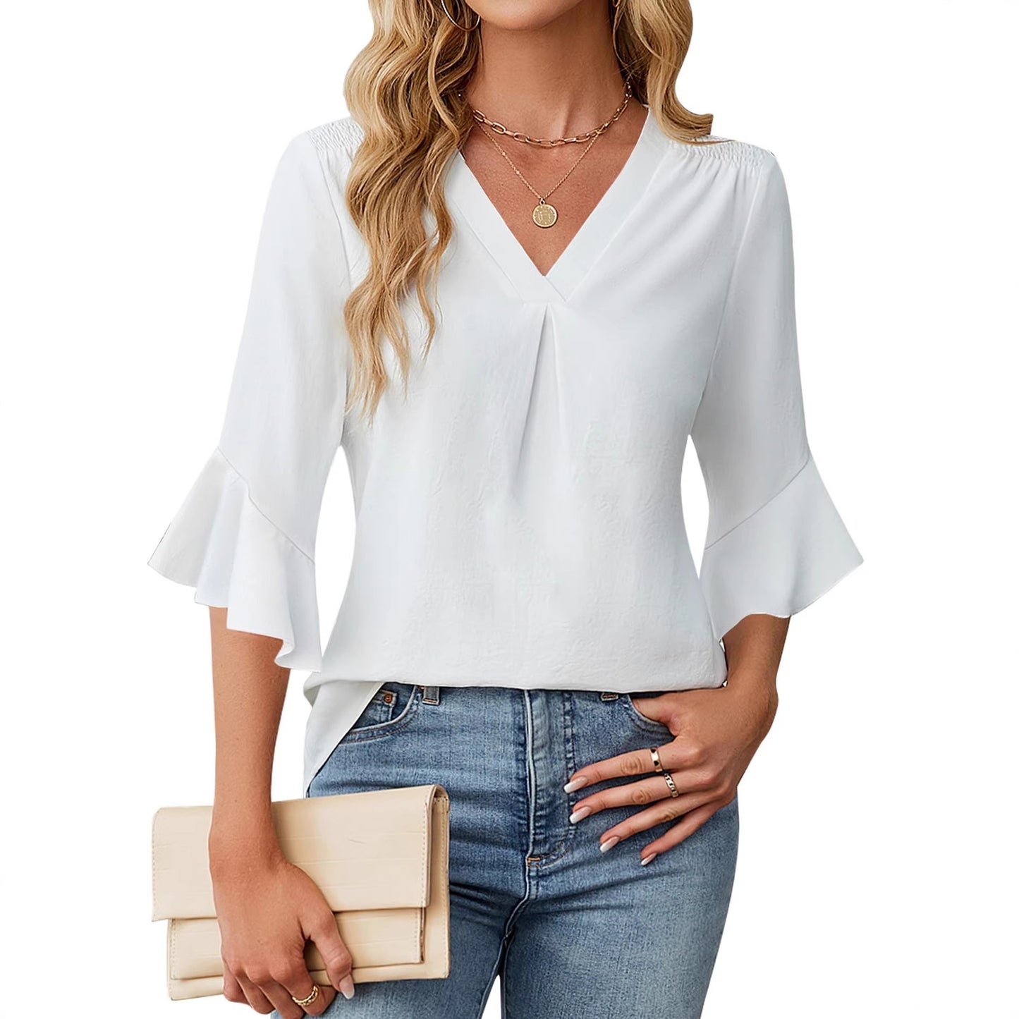 Women's Summer Cropped Smocking Ruffle Casual Lace Shirt, Chiffon Shirt