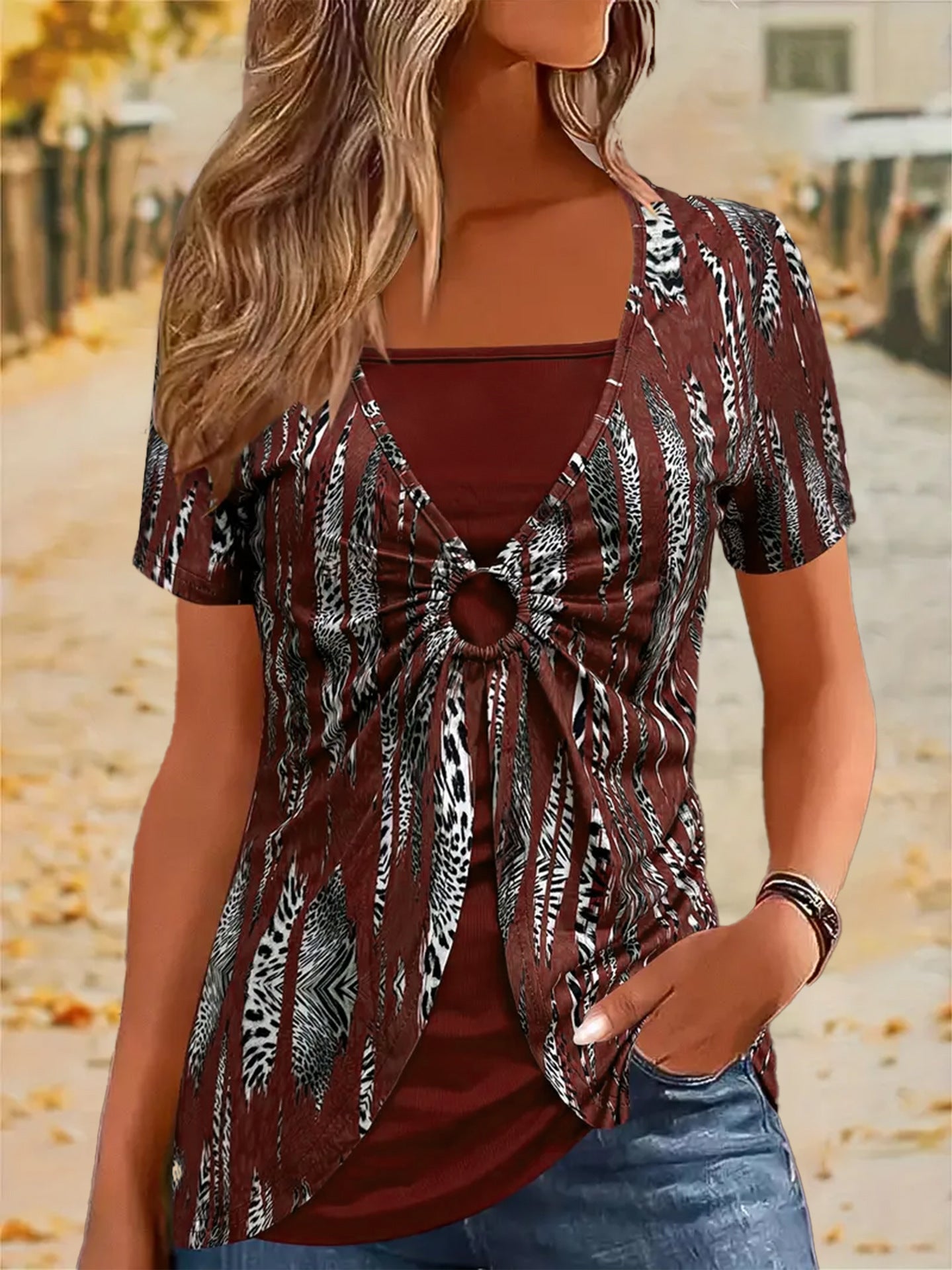 Women's Fake Two-piece Ethnic Style Clothes Sleeve Large Size T-shirt