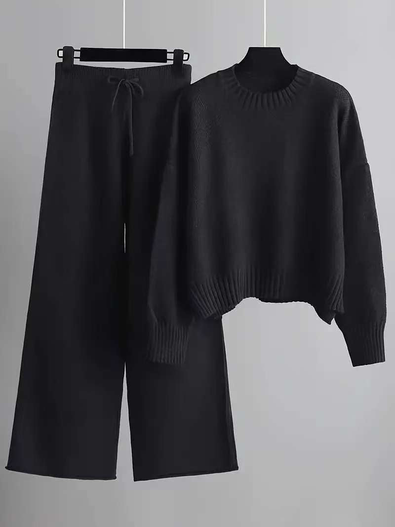 Women's Knitted Two-piece Crew Neck Pullover Straight Fashion Casual Suit