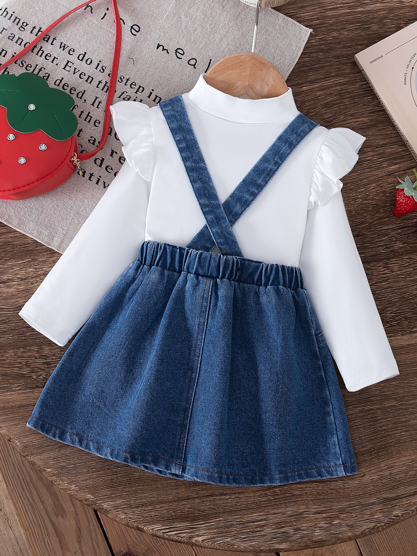 Flounced Sleeve Printed Top Strap Embroidered Denim Skirt With Children's Suit